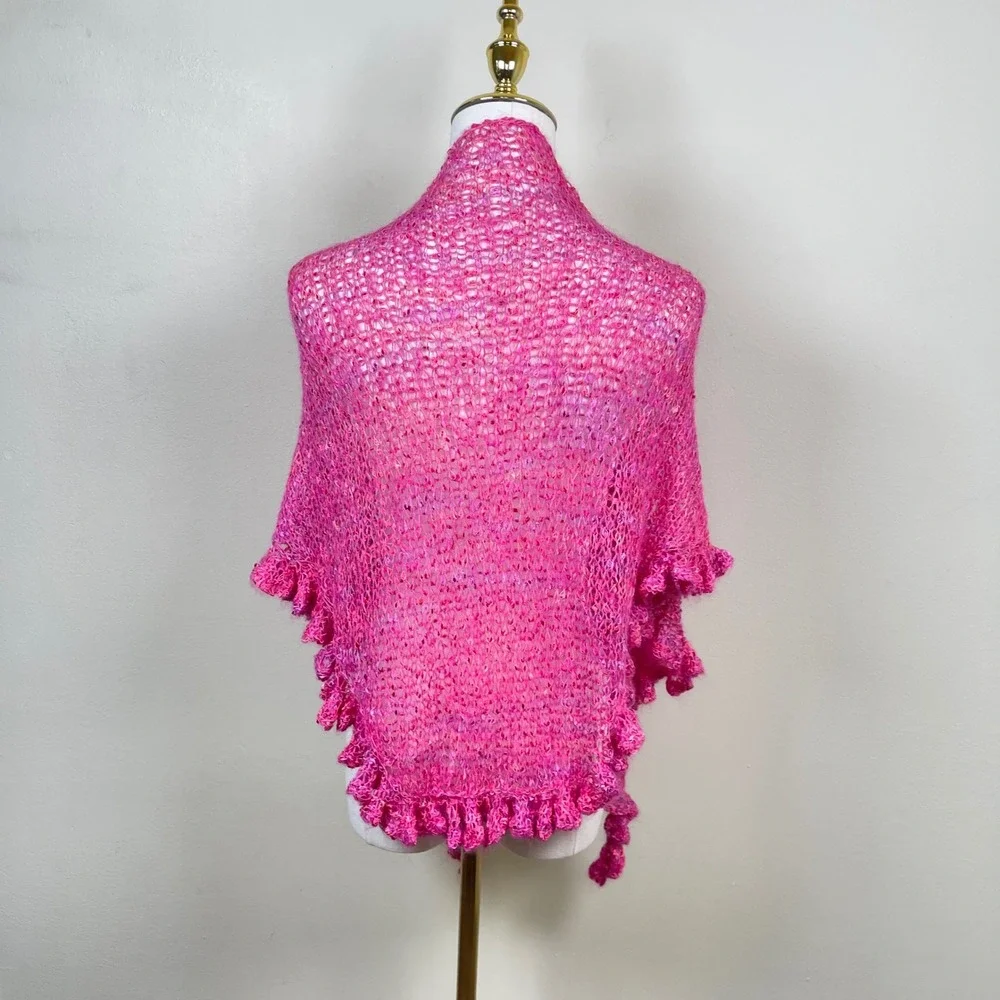 Vintage Pink Crochet Knit Ruffle Shawl Wrap Women Hot Pink Boho Shrug Y2K Fairy